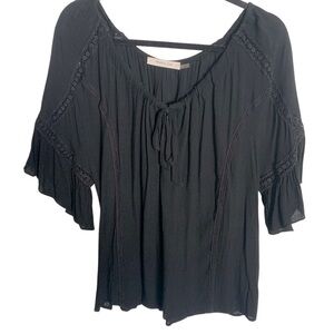 Mustard Seed Black Blouse with Lace Accents, Large.